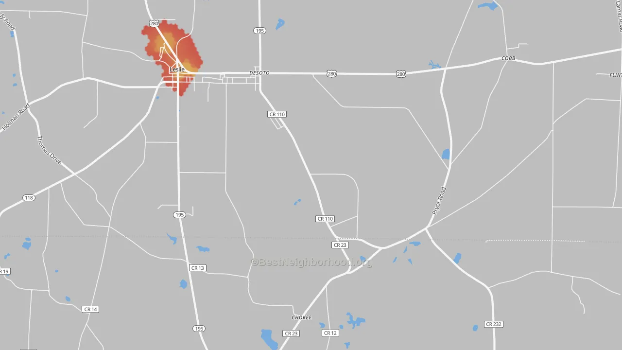 Walk Grade map of 31743, GA, walkable areas in green and car-dependent areas in red