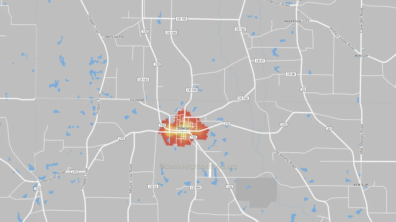Walk Grade map of 31744, GA, walkable areas in green and car-dependent areas in red