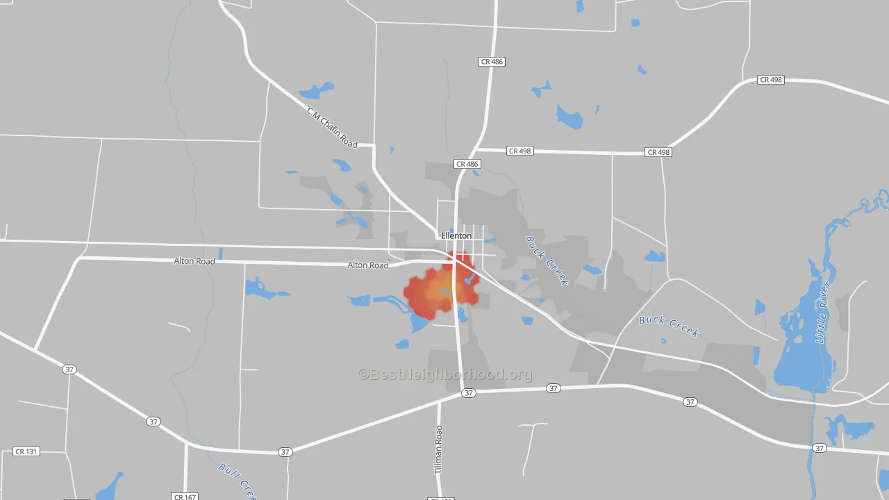 Walk Grade map of 31747, GA, walkable areas in green and car-dependent areas in red