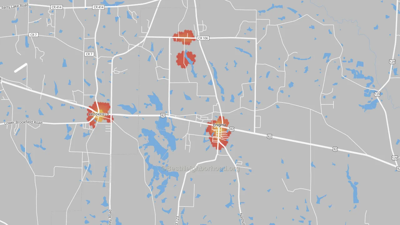 Walk Grade map of 31749, GA, walkable areas in green and car-dependent areas in red
