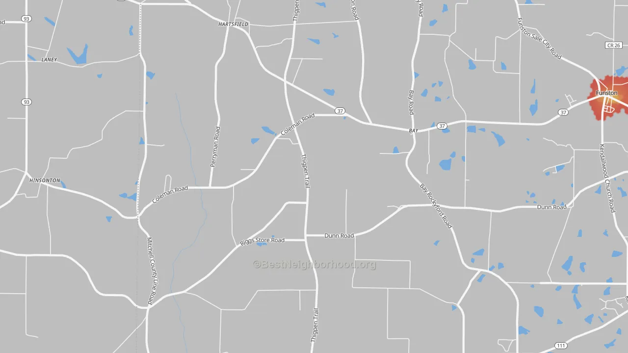 Walk Grade map of 31756, GA, walkable areas in green and car-dependent areas in red