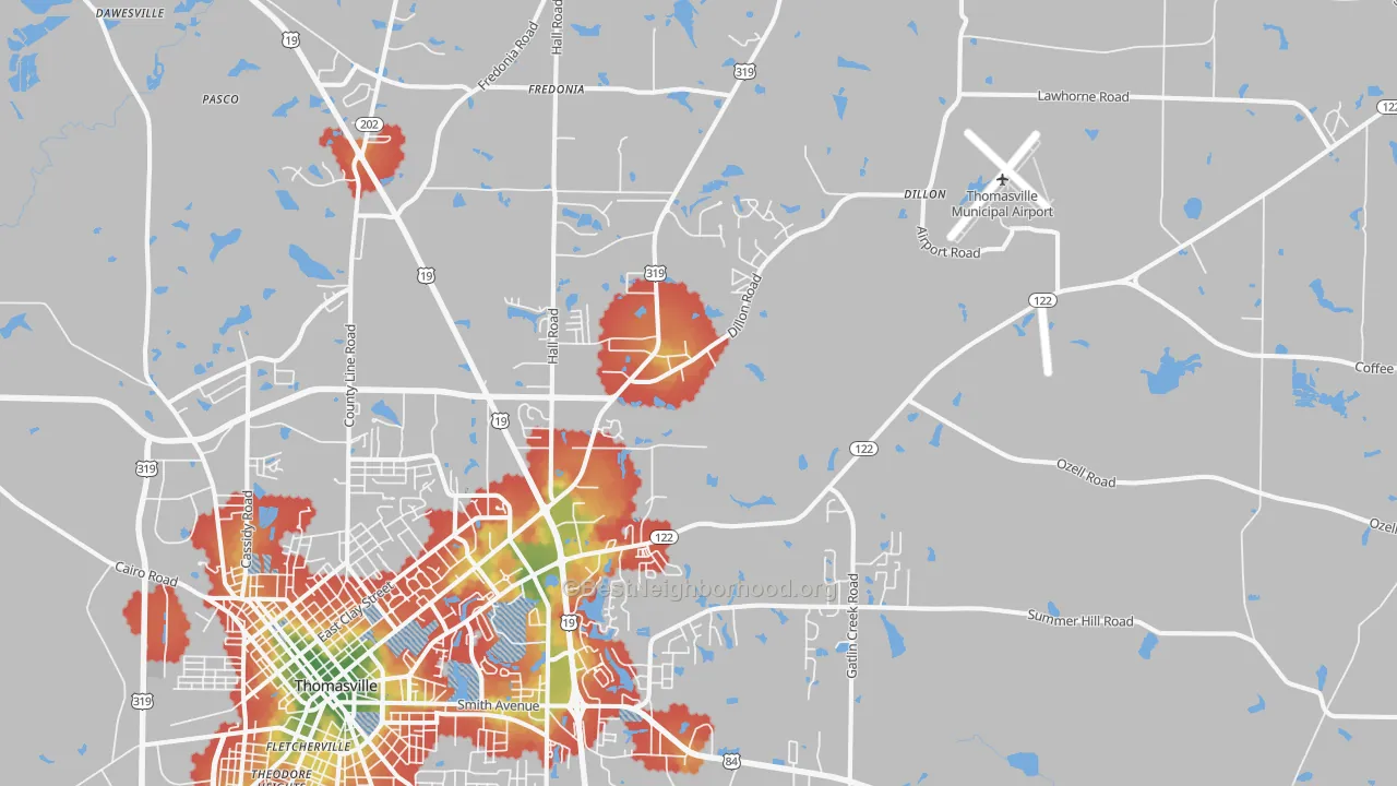 Walk Grade map of 31757, GA, walkable areas in green and car-dependent areas in red