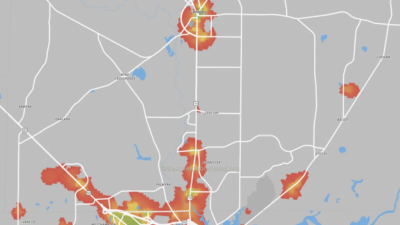 Walk Grade map of 31763, GA, walkable areas in green and car-dependent areas in red