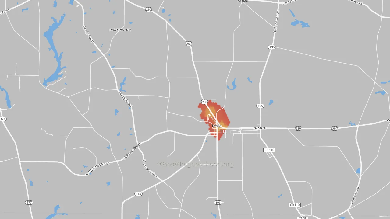Walk Grade map of 31764, GA, walkable areas in green and car-dependent areas in red
