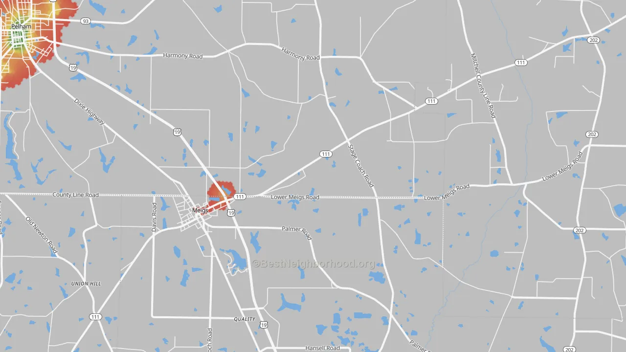 Walk Grade map of 31765, GA, walkable areas in green and car-dependent areas in red