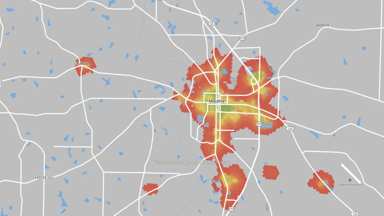 Walk Grade map of 31768, GA, walkable areas in green and car-dependent areas in red