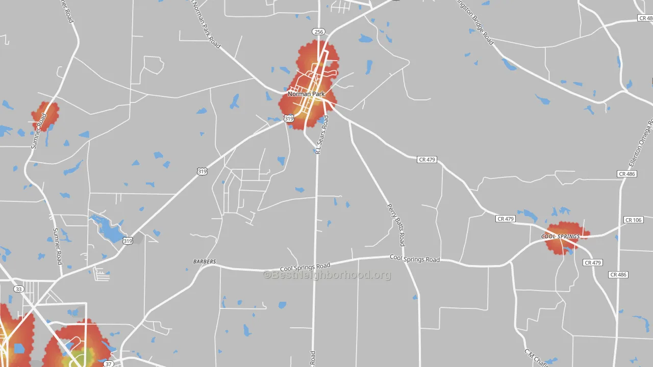 Walk Grade map of 31771, GA, walkable areas in green and car-dependent areas in red