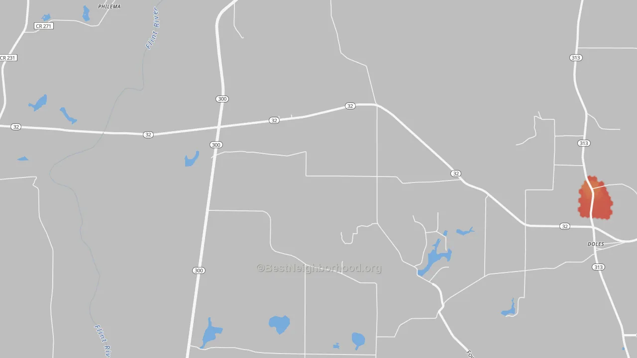 Walk Grade map of 31772, GA, walkable areas in green and car-dependent areas in red