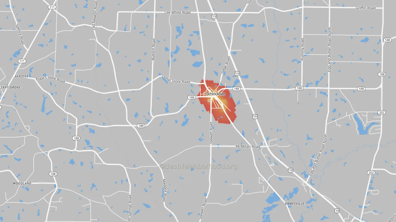 Walk Grade map of 31773, GA, walkable areas in green and car-dependent areas in red