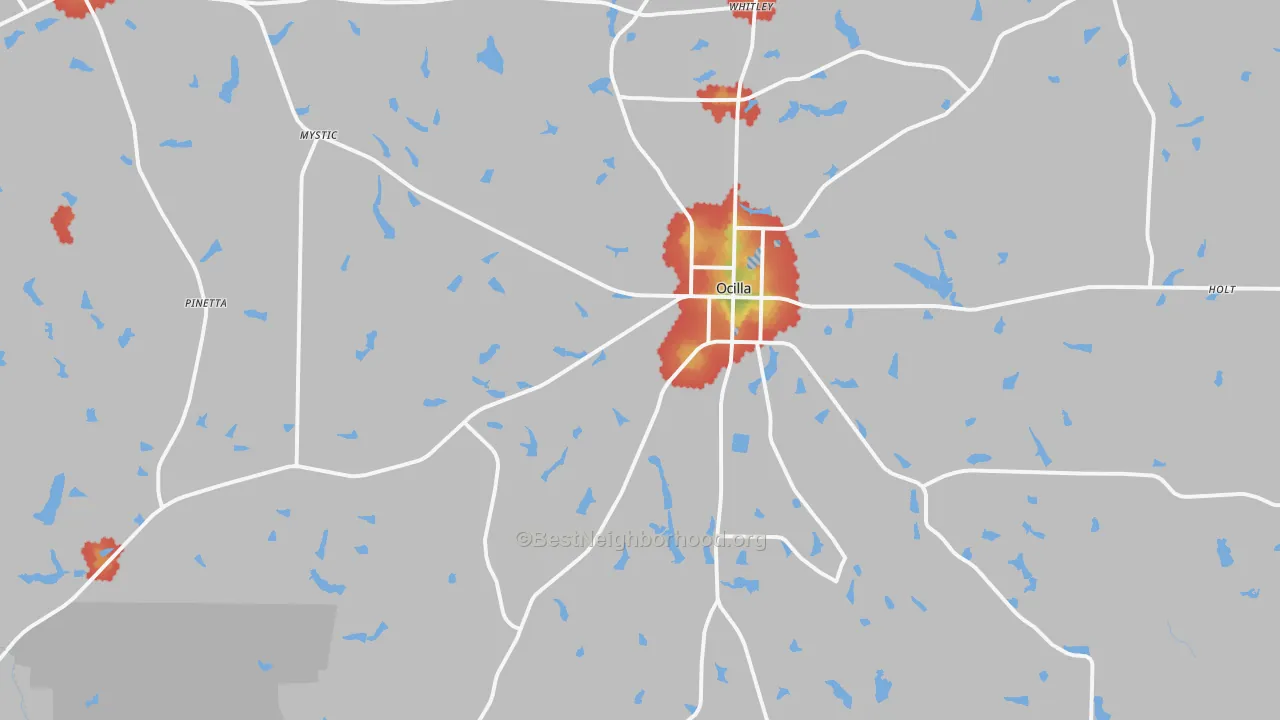 Walk Grade map of 31774, GA, walkable areas in green and car-dependent areas in red