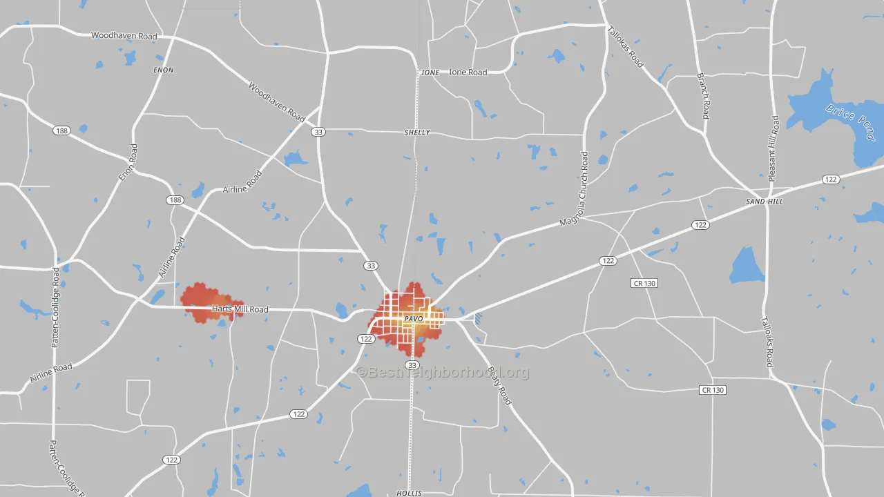 Walk Grade map of 31778, GA, walkable areas in green and car-dependent areas in red