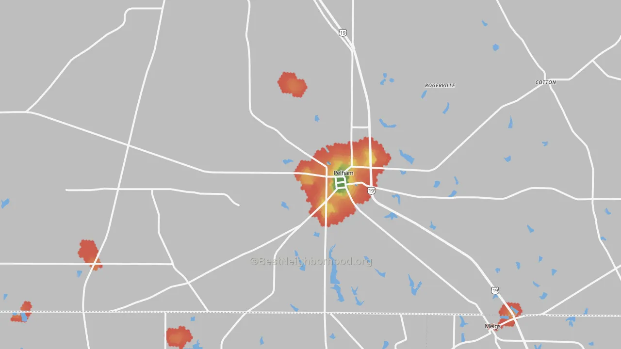 Walk Grade map of 31779, GA, walkable areas in green and car-dependent areas in red