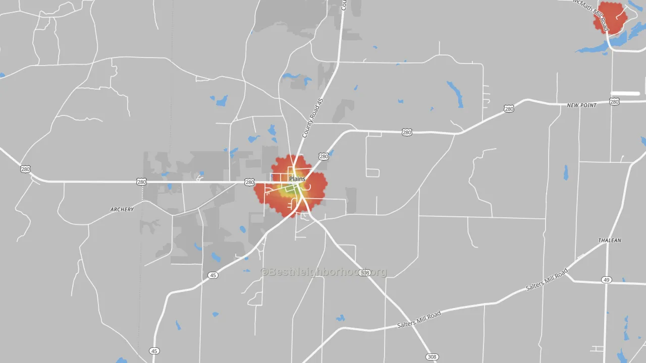 Walk Grade map of 31780, GA, walkable areas in green and car-dependent areas in red