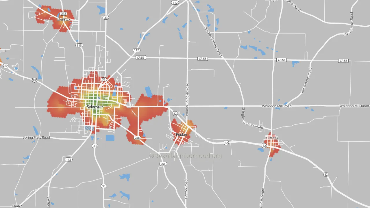 Walk Grade map of 31781, GA, walkable areas in green and car-dependent areas in red