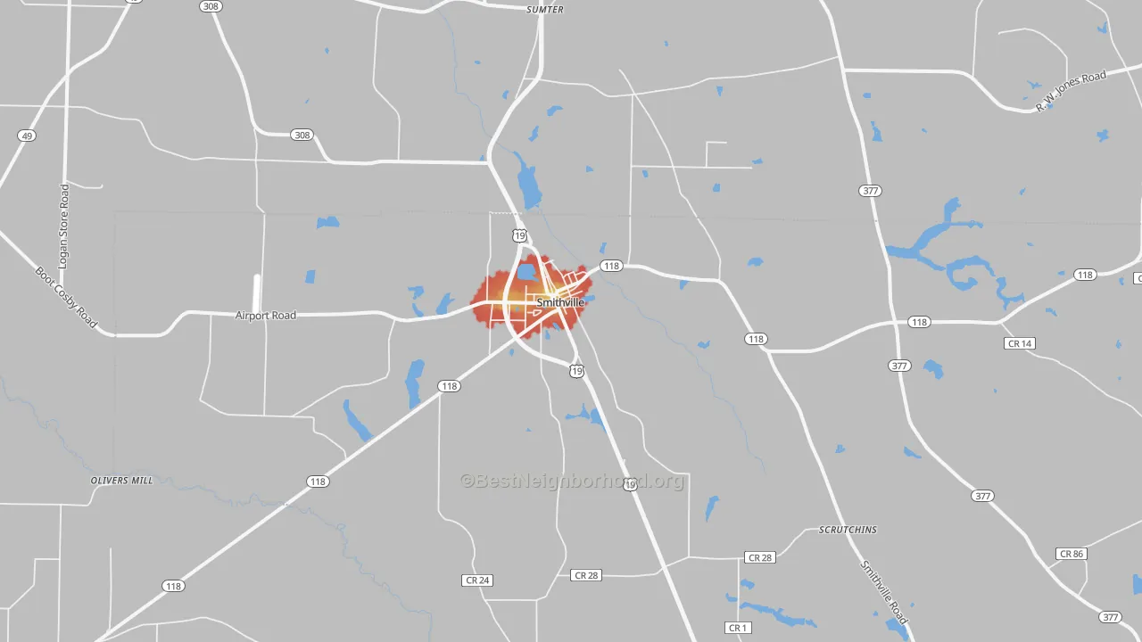 Walk Grade map of 31787, GA, walkable areas in green and car-dependent areas in red