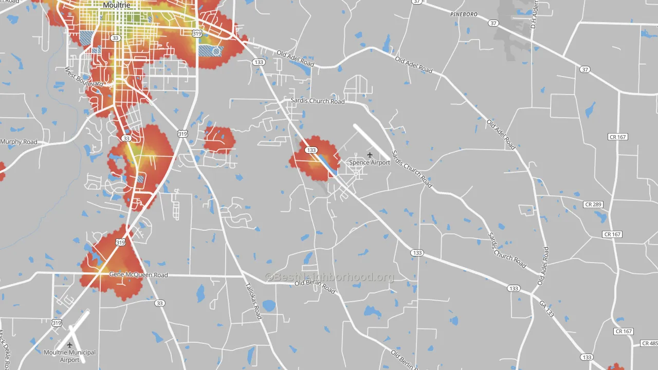 Walk Grade map of 31788, GA, walkable areas in green and car-dependent areas in red