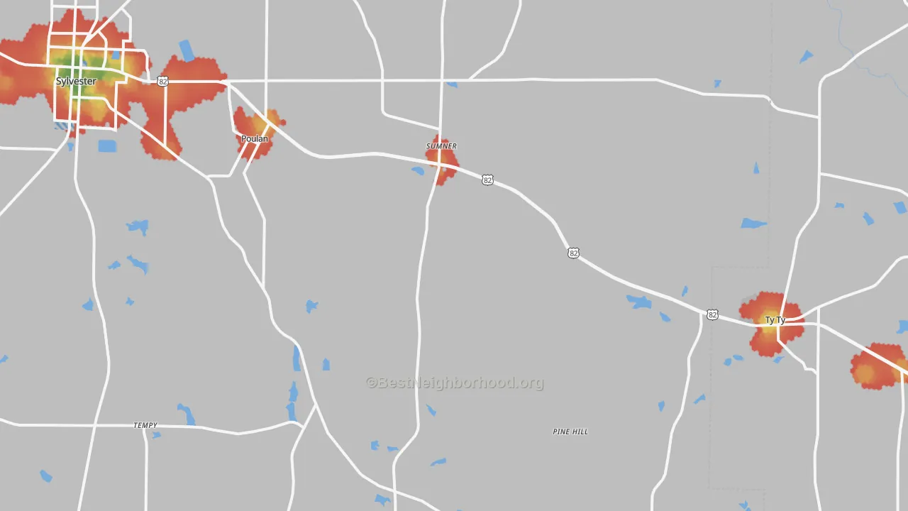 Walk Grade map of 31789, GA, walkable areas in green and car-dependent areas in red