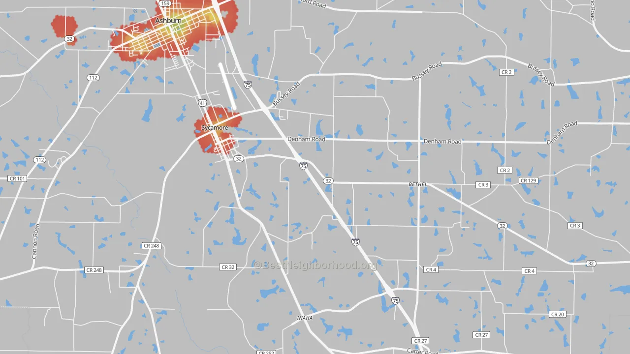 Walk Grade map of 31790, GA, walkable areas in green and car-dependent areas in red