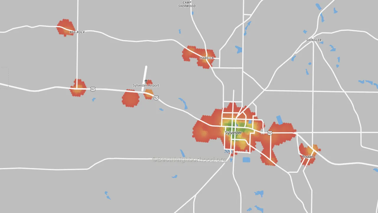 Walk Grade map of 31791, GA, walkable areas in green and car-dependent areas in red