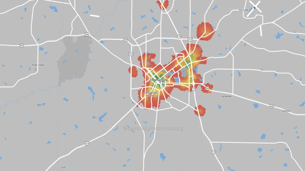 Walk Grade map of 31792, GA, walkable areas in green and car-dependent areas in red