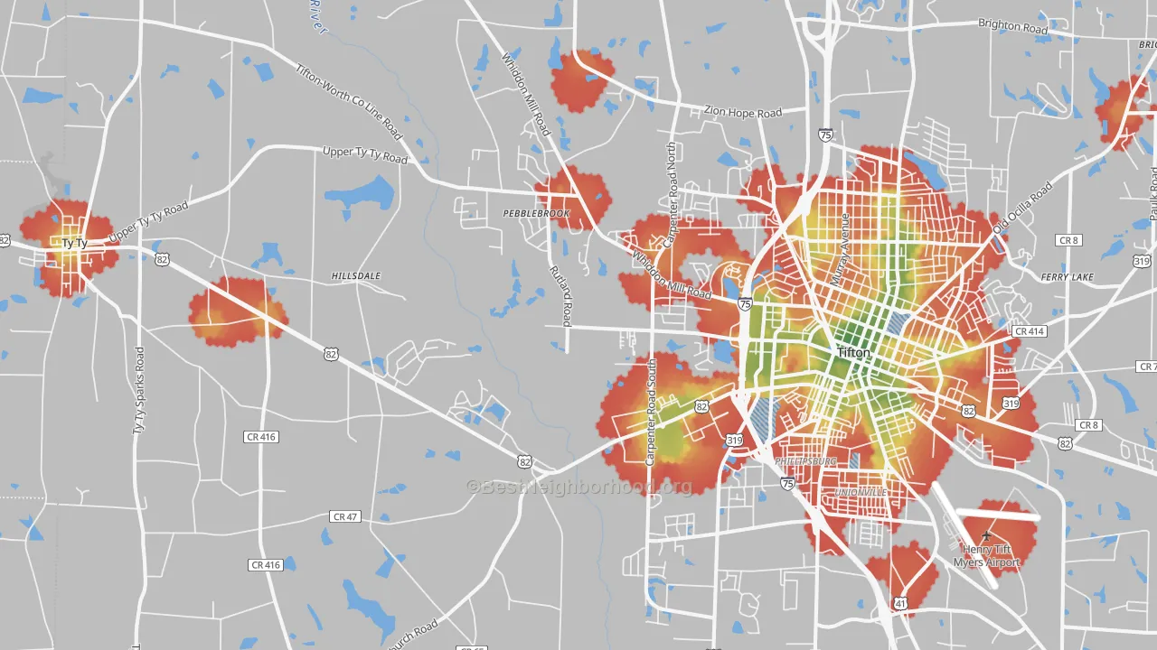 Walk Grade map of 31793, GA, walkable areas in green and car-dependent areas in red