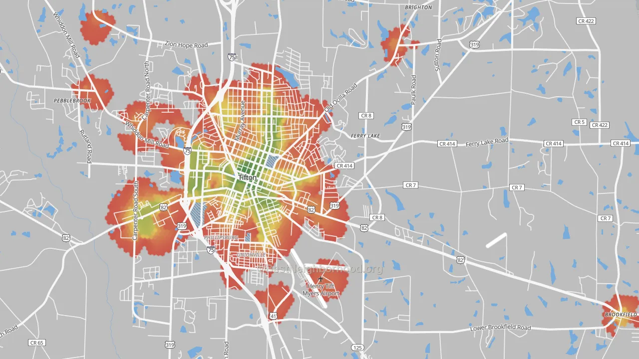 Walk Grade map of 31794, GA, walkable areas in green and car-dependent areas in red