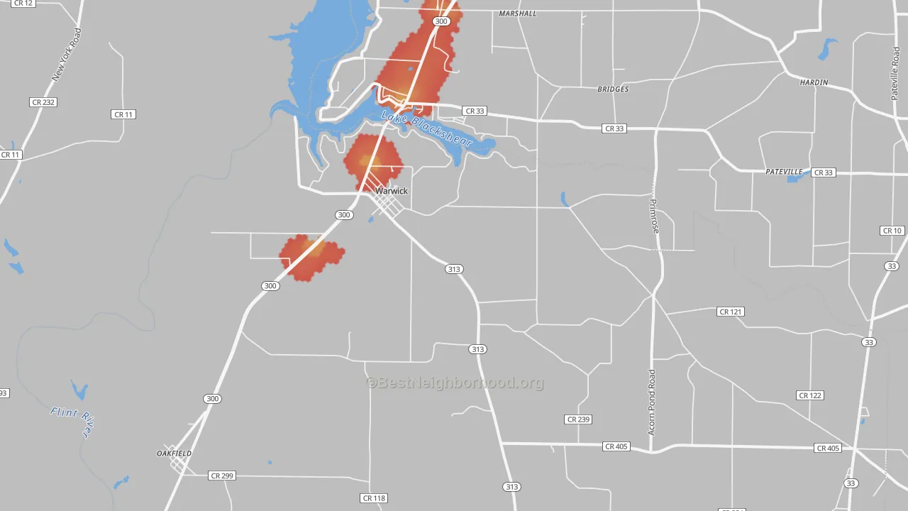 Walk Grade map of 31796, GA, walkable areas in green and car-dependent areas in red