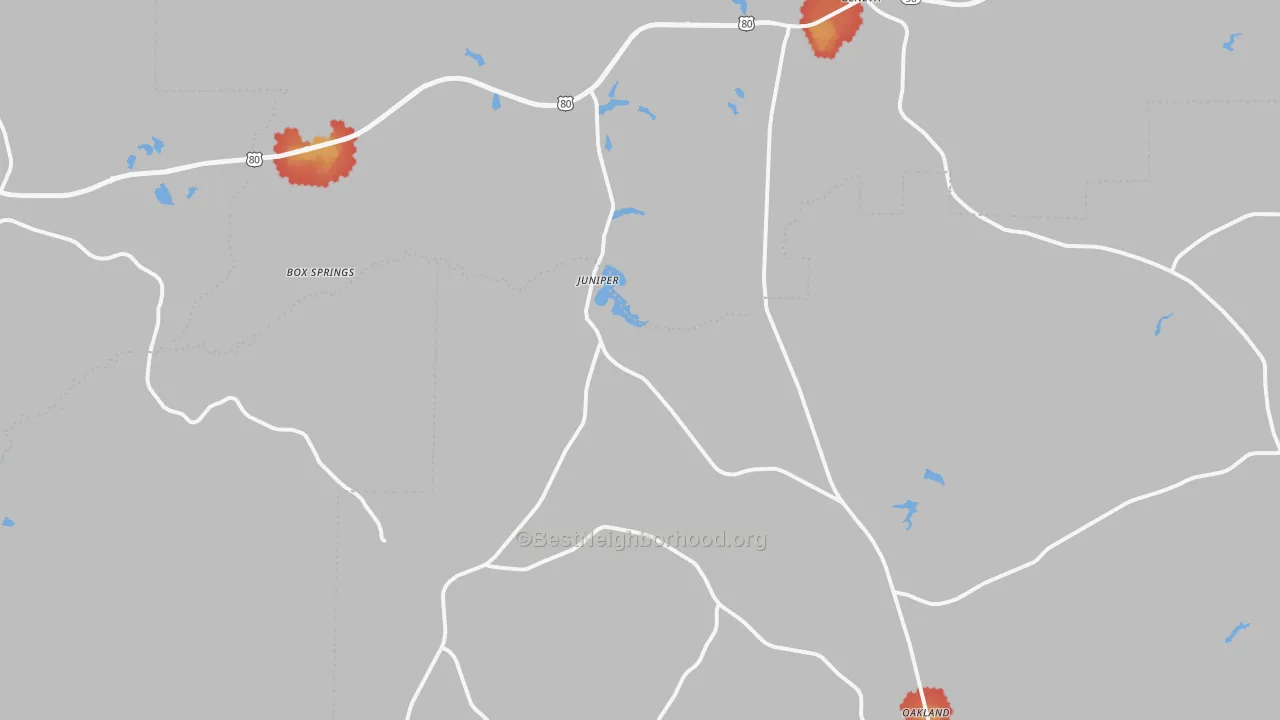 Walk Grade map of 31801, GA, walkable areas in green and car-dependent areas in red
