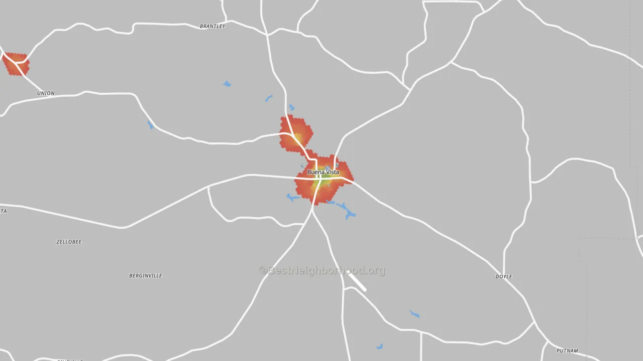 Walk Grade map of 31803, GA, walkable areas in green and car-dependent areas in red