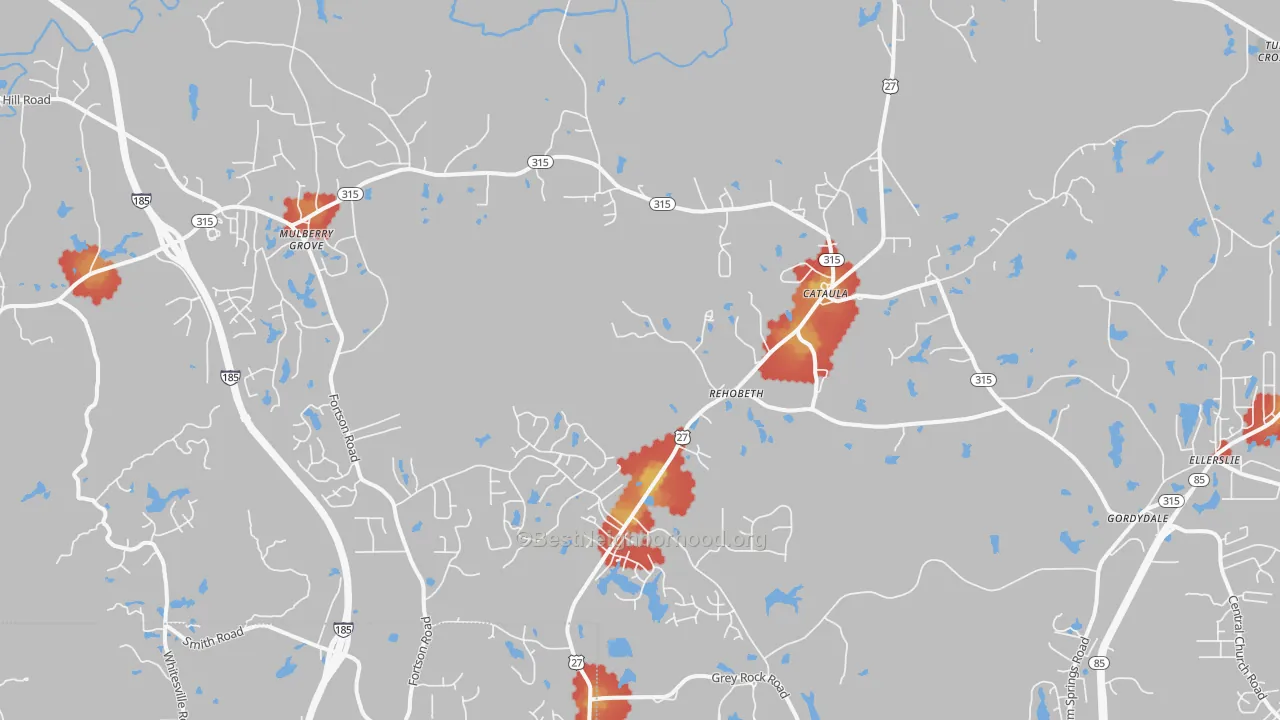 Walk Grade map of 31804, GA, walkable areas in green and car-dependent areas in red