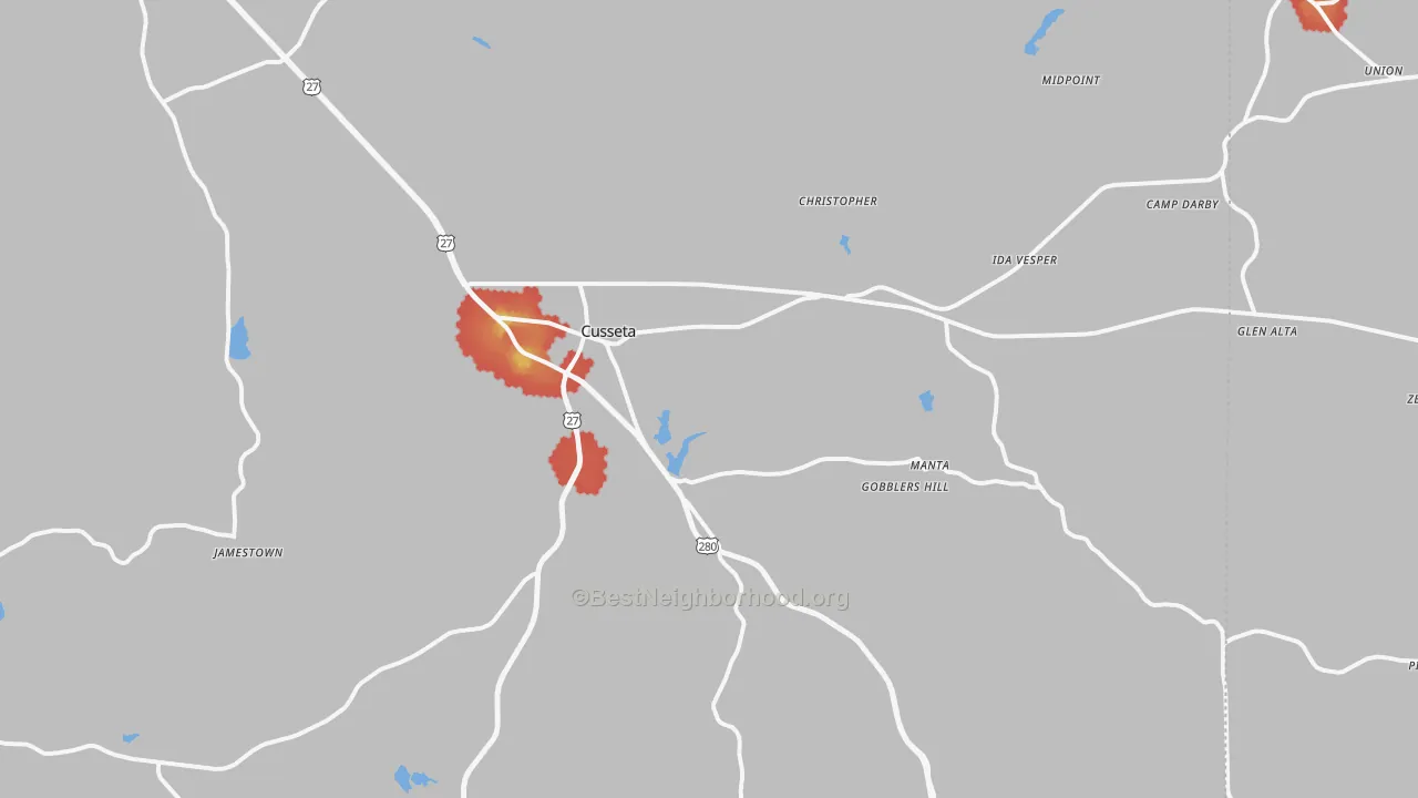 Walk Grade map of 31805, GA, walkable areas in green and car-dependent areas in red