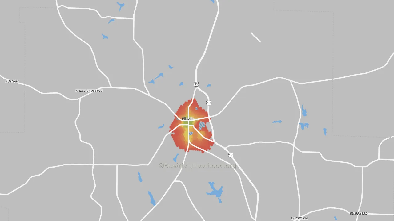 Walk Grade map of 31806, GA, walkable areas in green and car-dependent areas in red