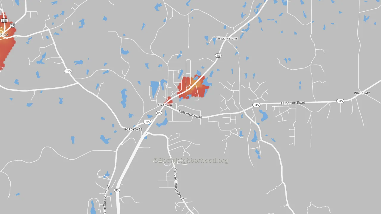 Walk Grade map of 31807, GA, walkable areas in green and car-dependent areas in red