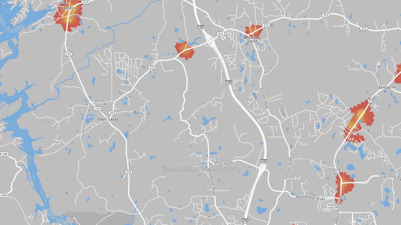 Walk Grade map of 31808, GA, walkable areas in green and car-dependent areas in red