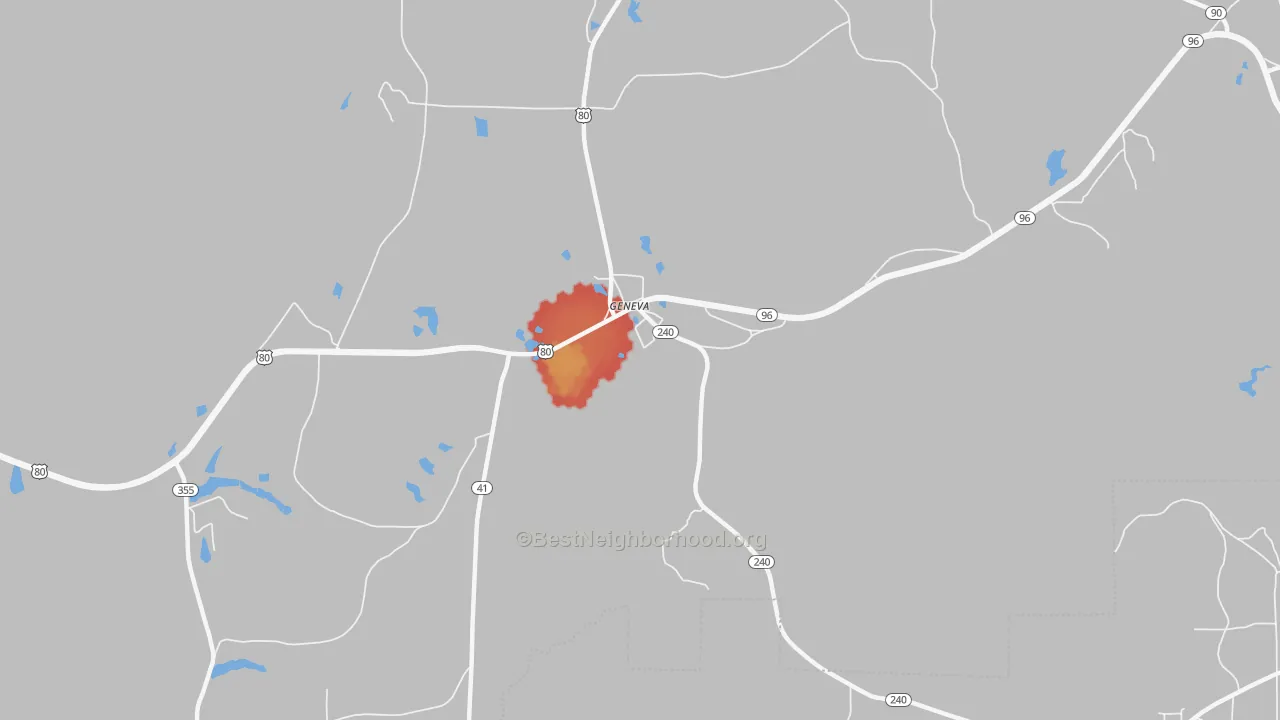 Walk Grade map of 31810, GA, walkable areas in green and car-dependent areas in red