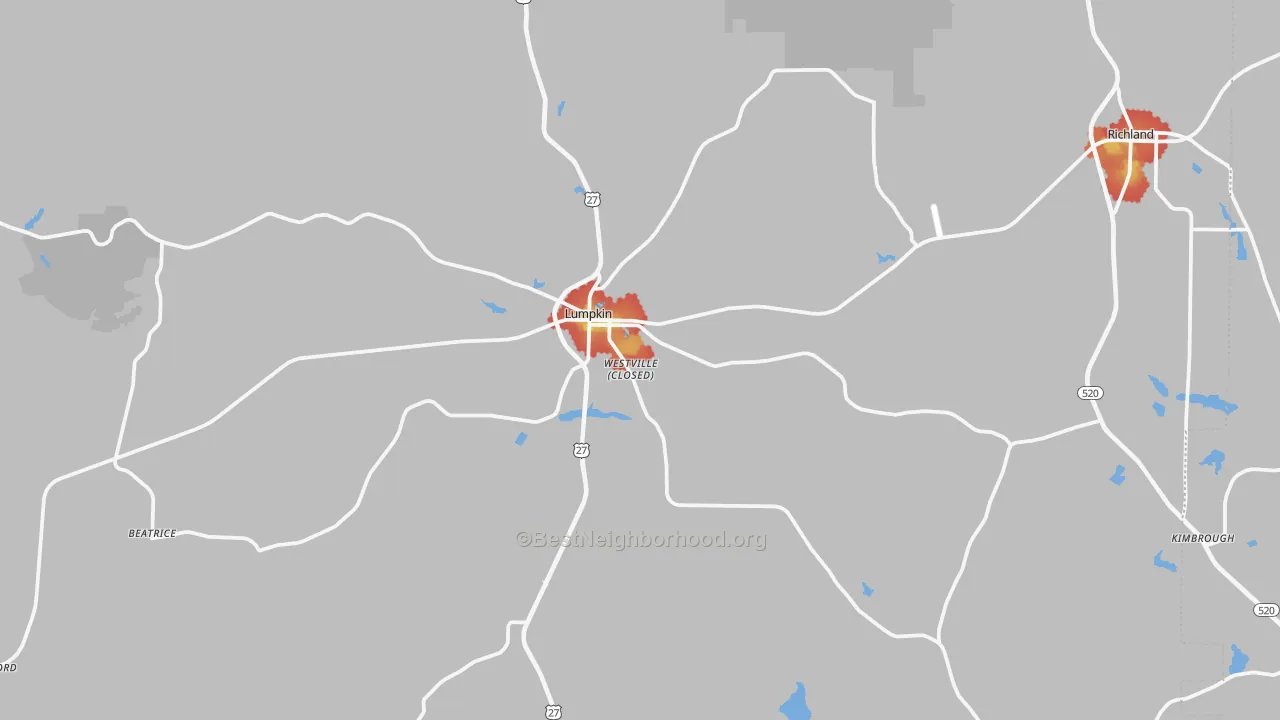 Walk Grade map of 31815, GA, walkable areas in green and car-dependent areas in red