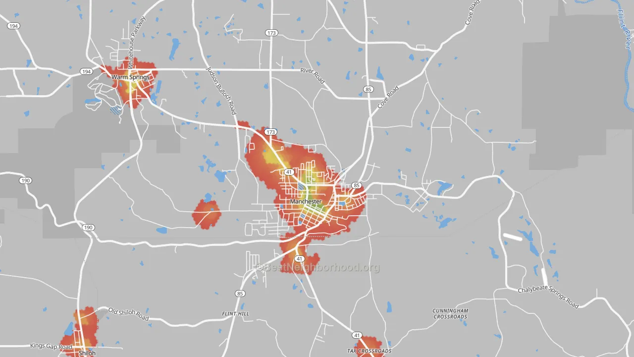 Walk Grade map of 31816, GA, walkable areas in green and car-dependent areas in red