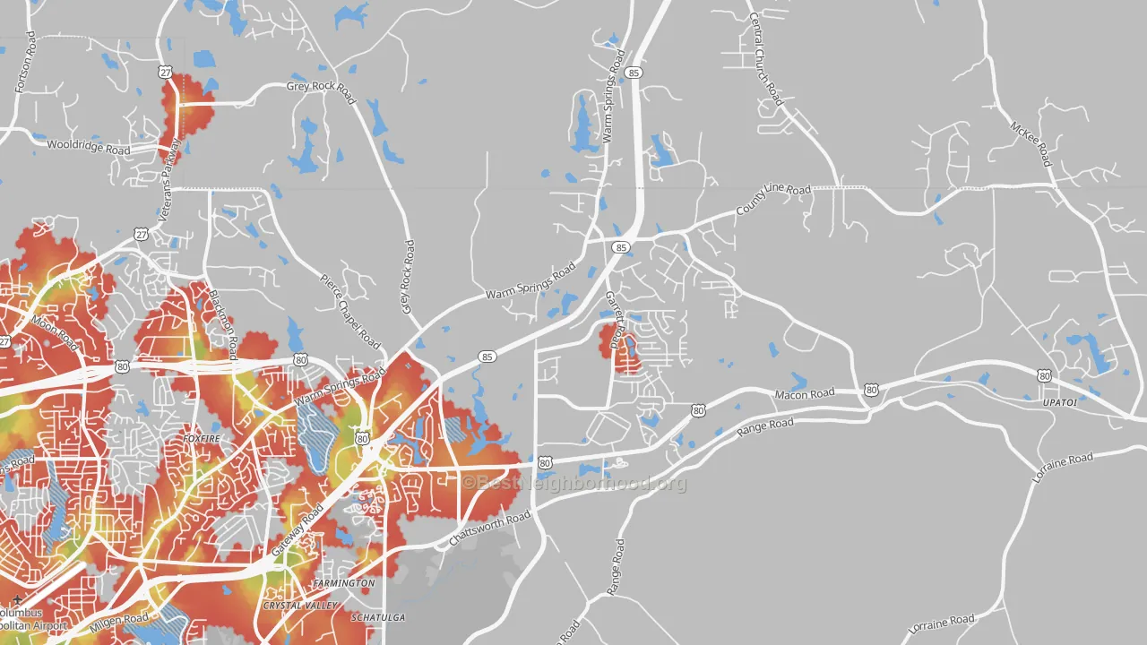 Walk Grade map of 31820, GA, walkable areas in green and car-dependent areas in red