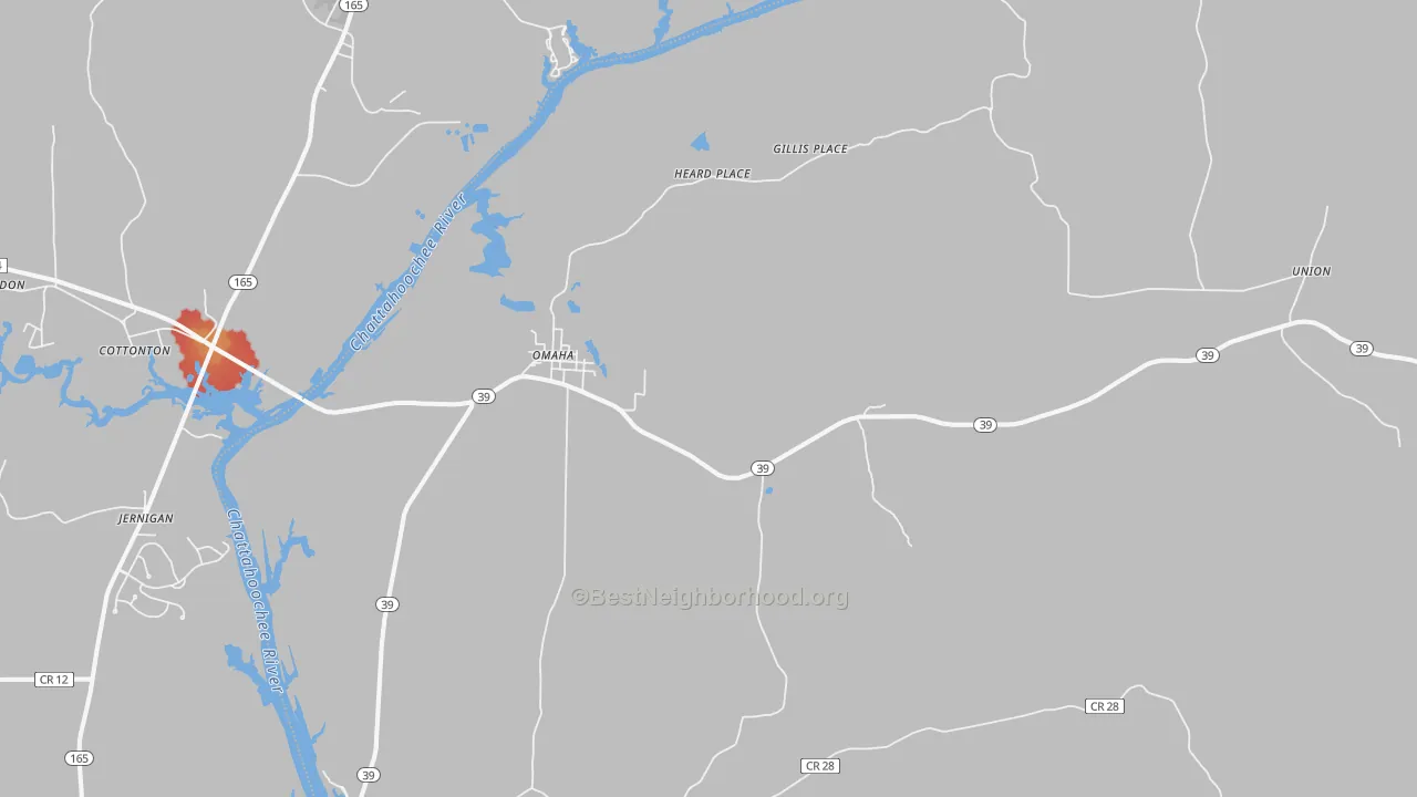 Walk Grade map of 31821, GA, walkable areas in green and car-dependent areas in red