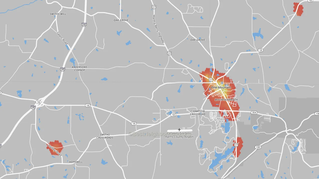 Walk Grade map of 31822, GA, walkable areas in green and car-dependent areas in red
