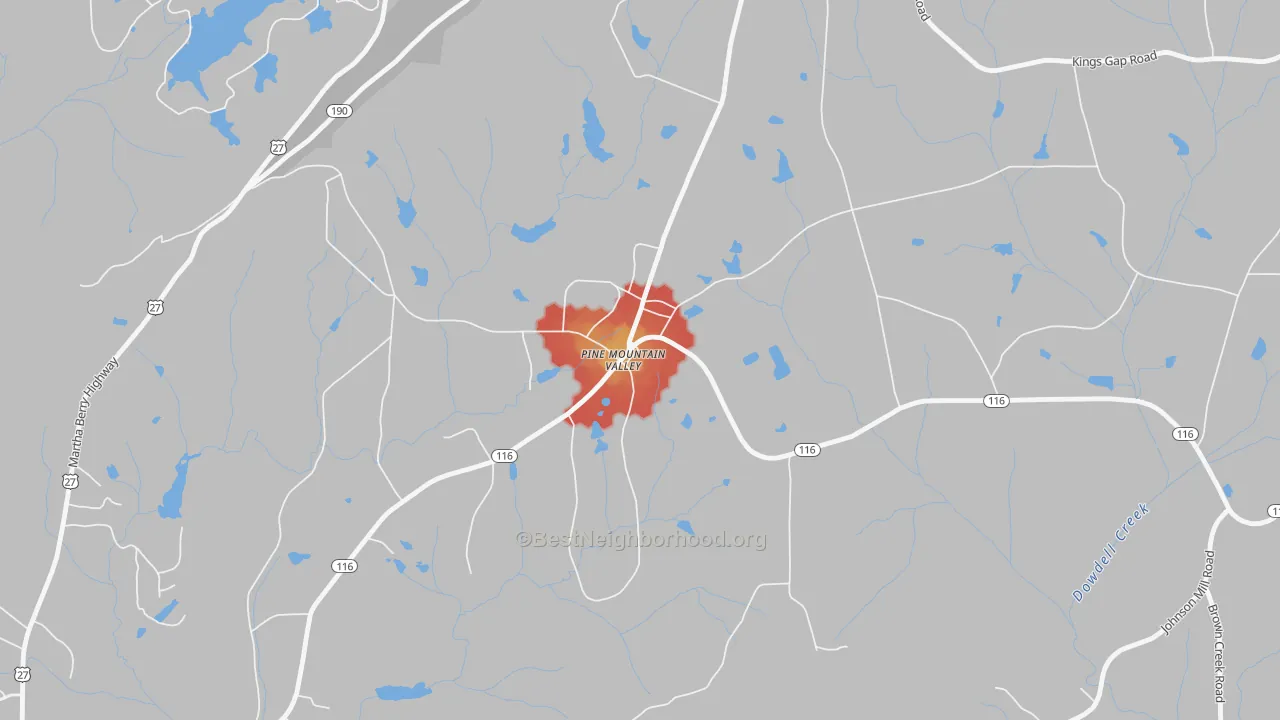 Walk Grade map of 31823, GA, walkable areas in green and car-dependent areas in red