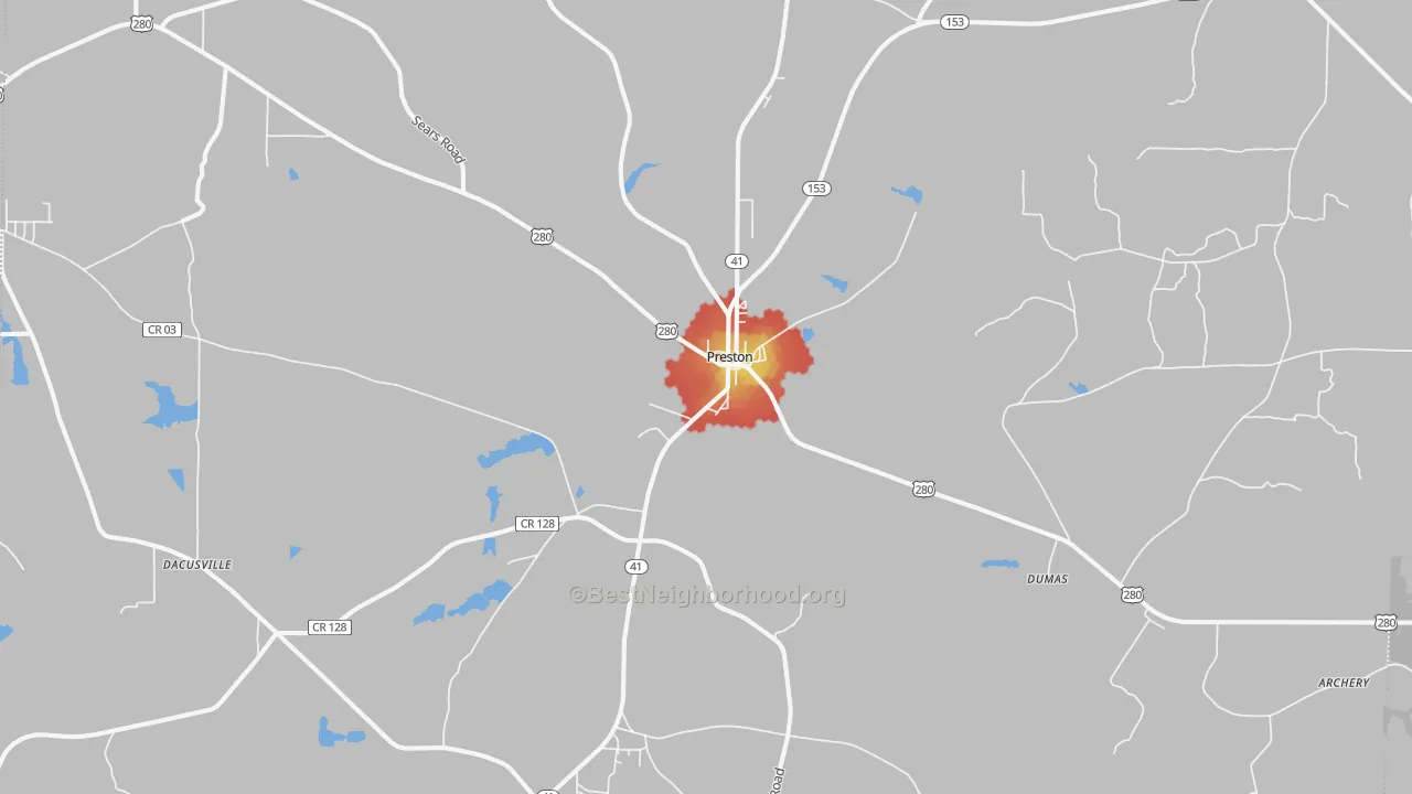 Walk Grade map of 31824, GA, walkable areas in green and car-dependent areas in red
