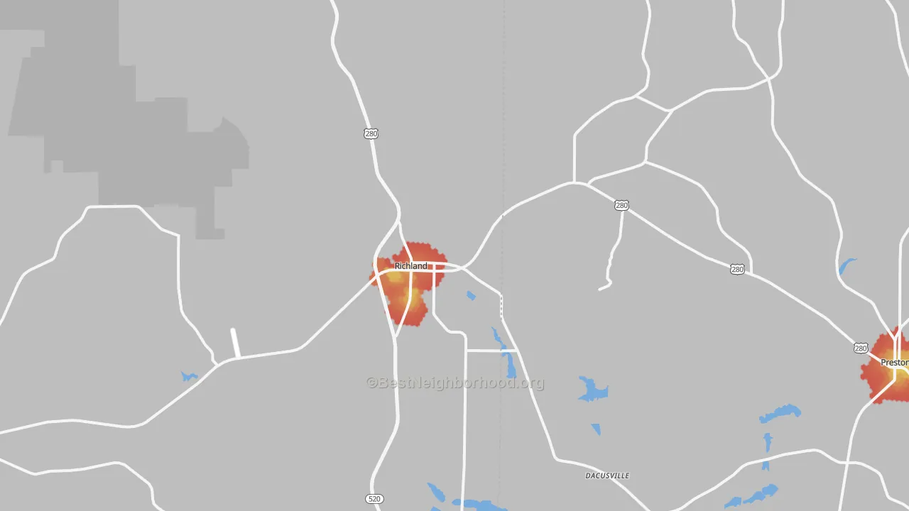 Walk Grade map of 31825, GA, walkable areas in green and car-dependent areas in red