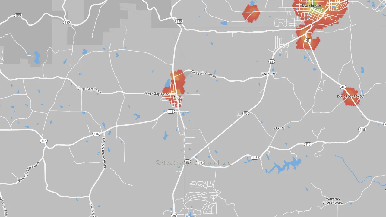 Walk Grade map of 31826, GA, walkable areas in green and car-dependent areas in red