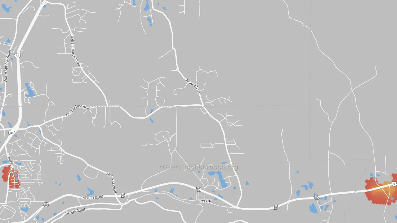 Walk Grade map of 31829, GA, walkable areas in green and car-dependent areas in red