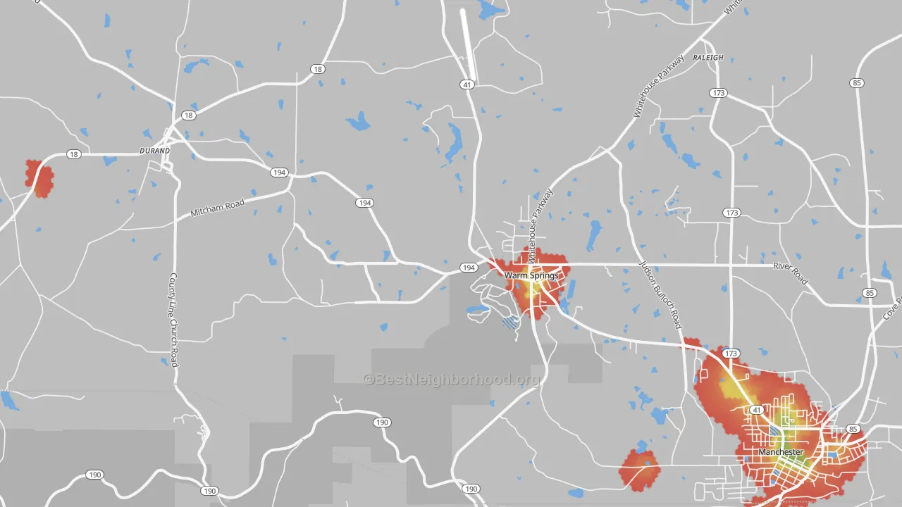 Walk Grade map of 31830, GA, walkable areas in green and car-dependent areas in red