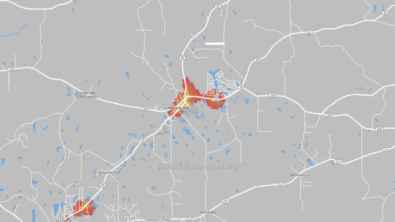 Walk Grade map of 31831, GA, walkable areas in green and car-dependent areas in red