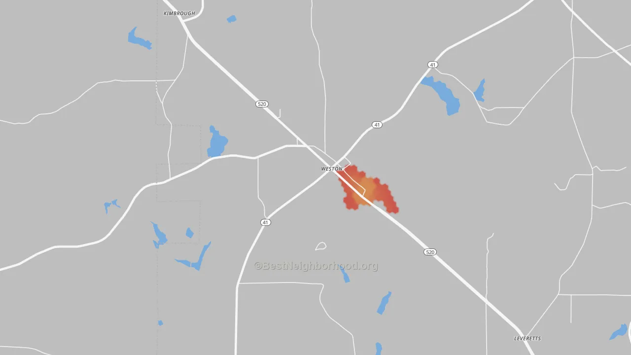 Walk Grade map of 31832, GA, walkable areas in green and car-dependent areas in red