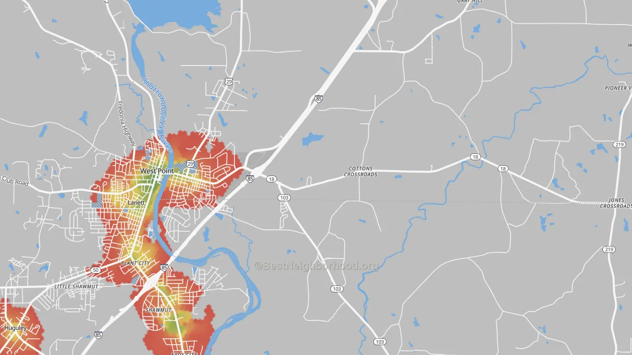 Walk Grade map of 31833, GA, walkable areas in green and car-dependent areas in red