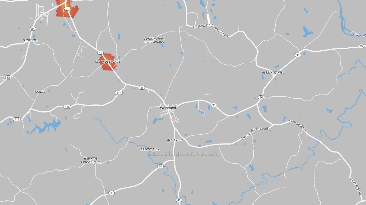 Walk Grade map of 31836, GA, walkable areas in green and car-dependent areas in red